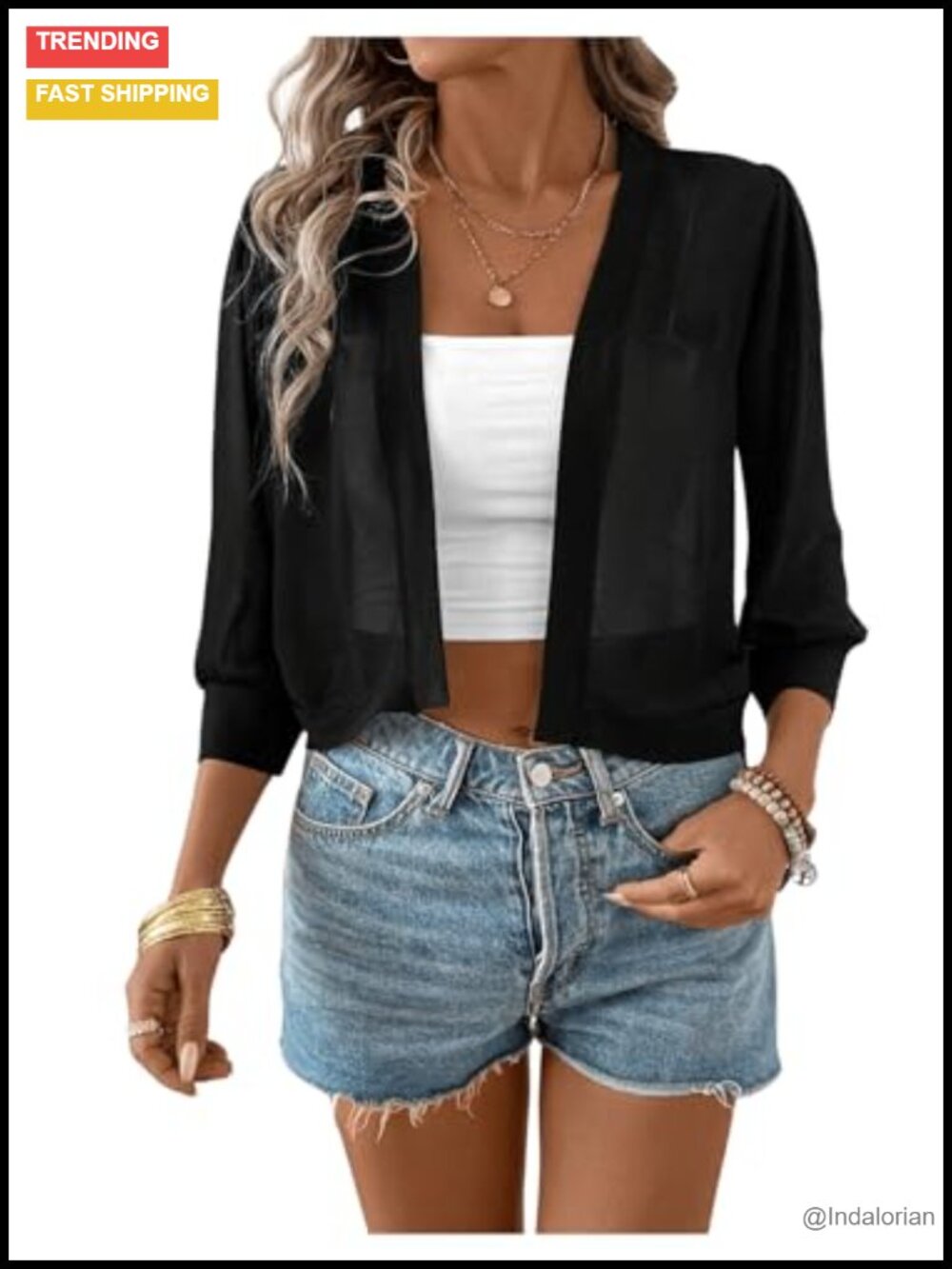 Sheer Cropped Open Front Cardigan 3/4 Sleeve Layer